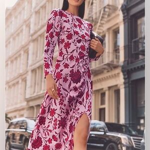 Ann Taylor Pink and Red Floral Satin Ruched Midi Dress Size 6